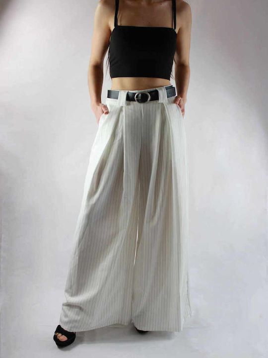 Sinell Γυναικεία Υφασμάτινη Παντελόνα με Λάστιχο Ριγέ Λευκή