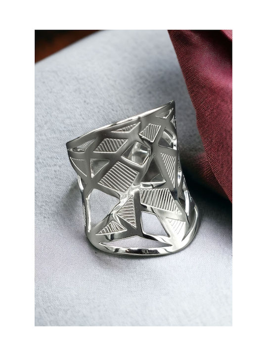 Ring aus Stahl, silberfarben, mit geometrischen Formen, durchbrochen