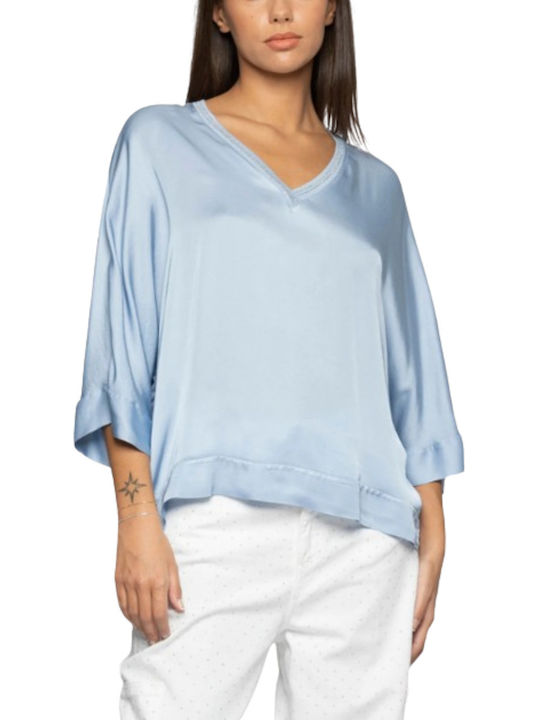 kocca Damen Bluse mit 3/4 Ärmel & V-Ausschnitt Azzurro Cielo