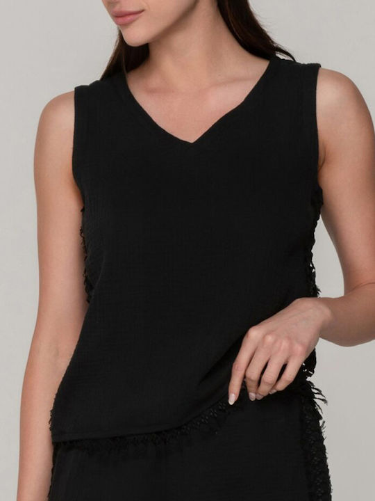 Bluza Damă Bumbac Fără Mâneci cu Decolteu în V Neagră