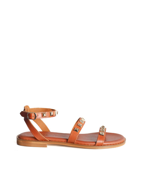 Braune Leder-Sandalen mit doppeltem Riemen und Nieten