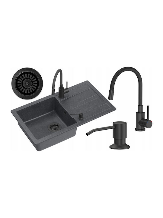 GraniteQ Drop-In Spüle aus Verbundgranulat mit Wasserhahn B77xT44cm Schwarz