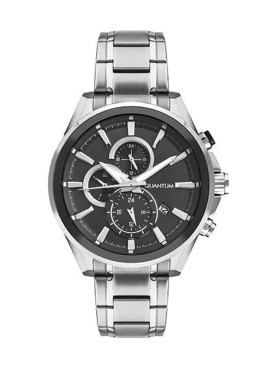 Quantum Dual Time Men's Watch Chronograph Battery with Silver Metal Bracelet