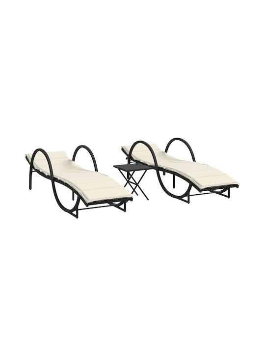 Deckchair Rattan with Cushion Black with Table 2pcs 199x55x42cm.