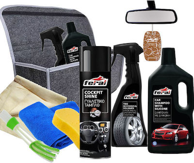 Feral 239870 Car Cleaning Set Organizer Bag 9 Pieces Shampoo Silicone Fragrance Coconut Scent Tire Gloss 500ml Dashboard Polish Coconut Scent 400ml Sponge Towel Brush Leather