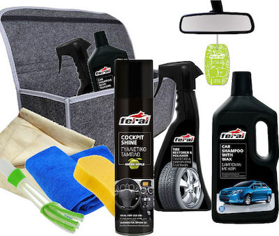 Feral 239878 Car Cleaning Kit Organizer Bag 9 Pieces Shampoo Wax Green Apple Scent Tire Shine 500ml Dashboard Polish Green Apple Scent 400ml Sponge Towel Brush Leather