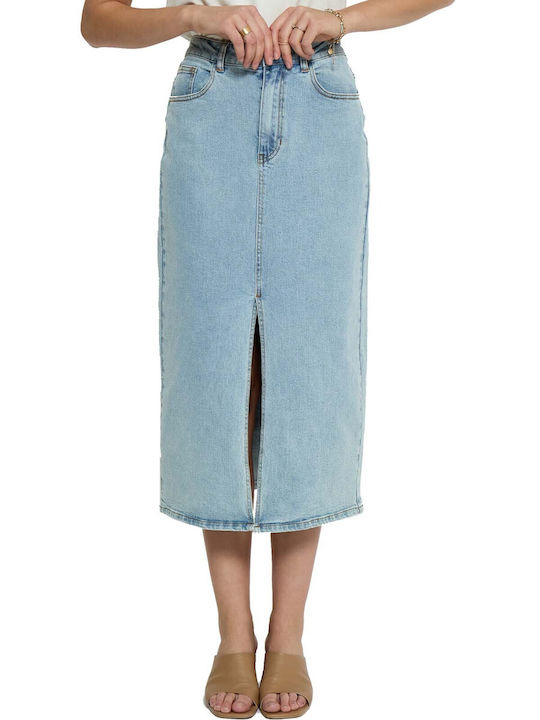 Peppercorn Denim High Waist Midi Skirt in Blue color