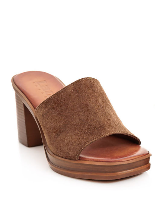 Lady Heel Leather Mules Brown