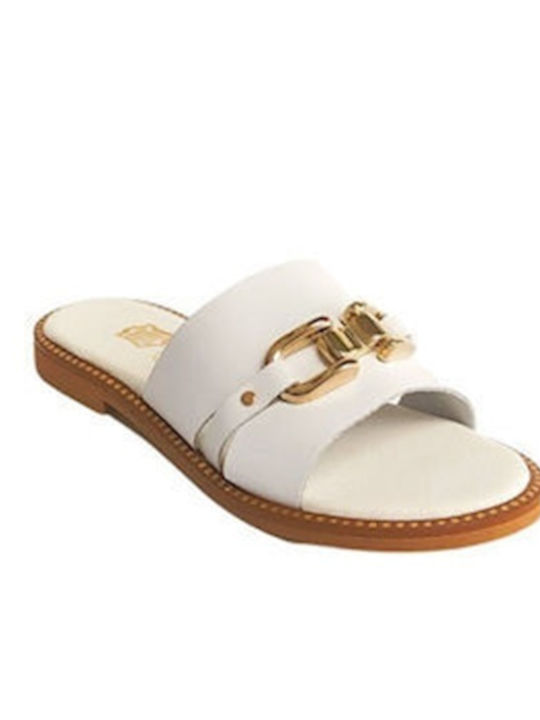 Gk Shoes Leather Women's Flat Sandals White/Gol...