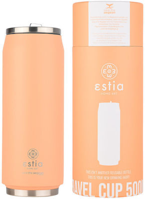 Estia Travel Cup Save the Aegean Recyclable Glass Thermos Stainless Steel BPA Free PEACH FUZZ 500ml with Straw