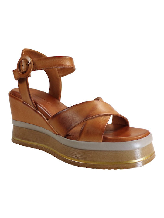 Tsakiris Mallas Women's Leather Platform Wedge Sandals Tabac Brown