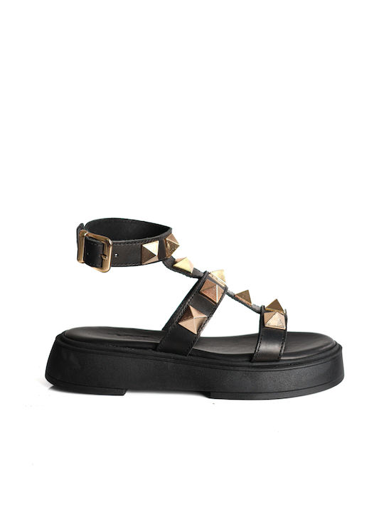 Mythia Flatforms Leather Women's Sandals with Ankle Strap Black