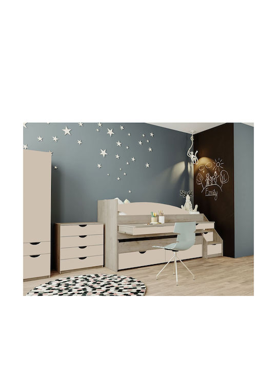 Παιδικό Κρεβάτι Κουκέτα Μονό με Αποθηκευτικό Χώρο, Συρόμενο Κρεβάτι & Γραφείο Craft Oak Gray-Linen για Στρώμα 80x190cm