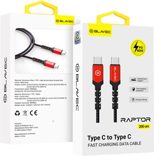 Blavec Raptor USB 2.0 Кабел USB-C Мъжки - USB-C 60W Захранване PD Черен 2м