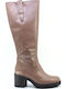 Leather Medium Heel Women's Boots Beige