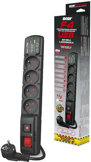 Acar Πολύπριζο Aσφαλείας 4 Θέσεων με 1 USB-A, 1 USB-C και Καλώδιο 5m Γαλλίας (Type E)