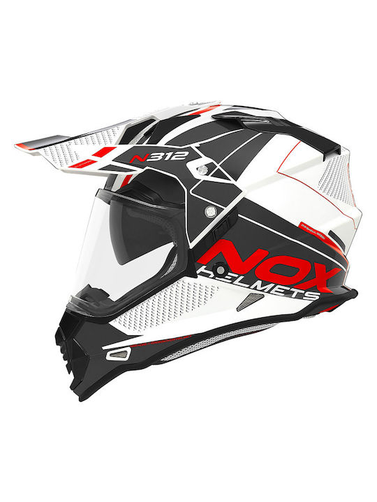 Nox N312 Drone White / Red Checkmate Cască de motocicletă Motocross ECE 22.06 cu vizor solar