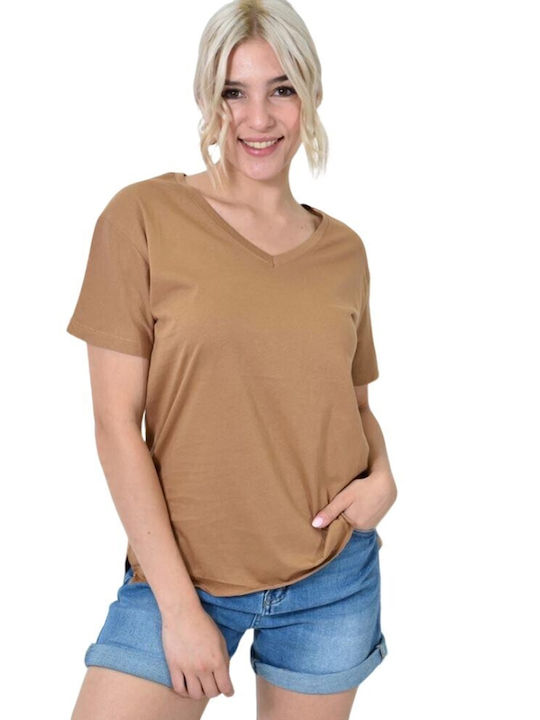 First Woman Γυναικείο Oversized T-shirt με V Λαιμόκοψη Καφέ