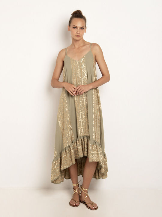 Greek Archaic Kori Summer Midi Dress with Ruffle Tea/gold