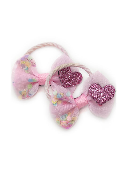 Set of Handmade Kids Hair Ties Bow Design Heart Pink