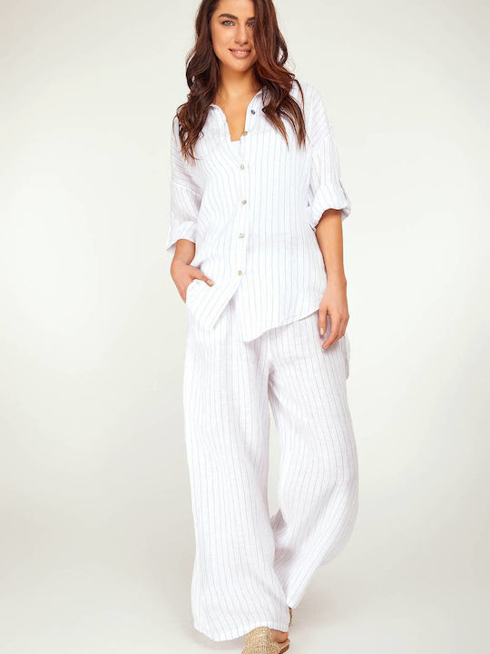 MyCesare Women's Linen Striped Long Sleeve Shirt White