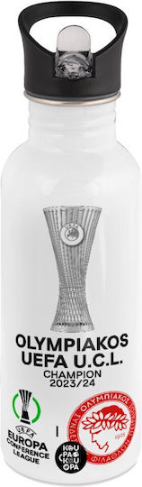 Olympiacos Winner Uefa Europa Conference League Champion 2023/24 Water Bottle White Straw Stainless Steel 600ml