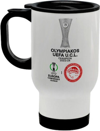 Cană de călătorie Olympiacos Winner Uefa Europa Conference League Campion 2023/24, din oțel inoxidabil, cu perete dublu termic, alb, de 450 ml