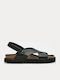 Leder Flache Sandalen für Damen Anatomisch mit Riemen in Schwarz Farbe
