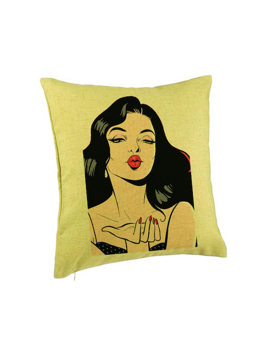 Decorative Pillow Vintage Pop Art Model 40x40 Cm Green Removable Cover Piping
