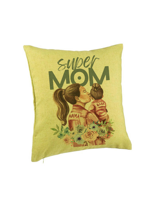 Decorative Pillow Super Mom Babe Model 40x40 Cm Green Removable Cover Piping