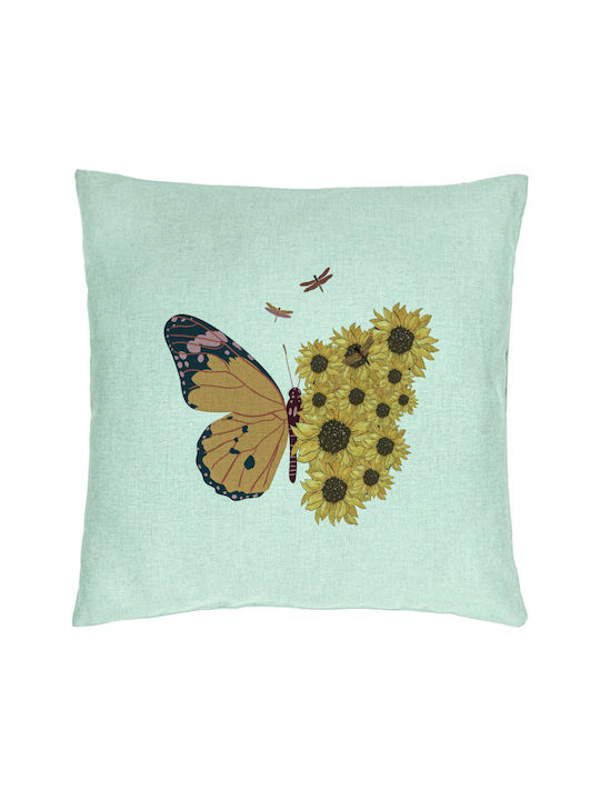Decorative Pillow Sunflower Butterfly Model 40x40 Cm Mint Green Removable Cover Piping
