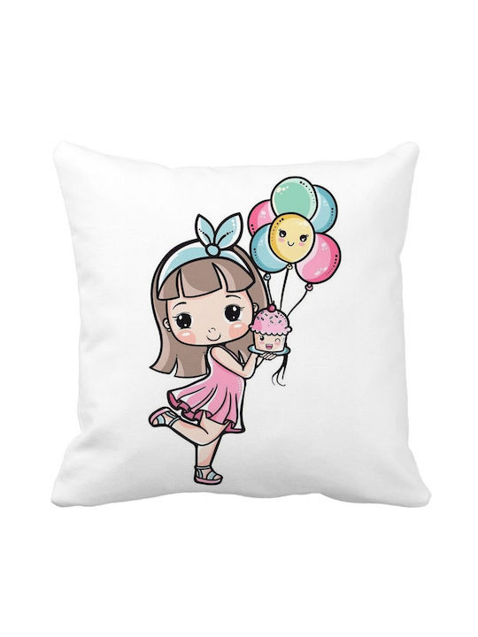 Square Decorative Cushion Happy Girl 40x40 Cm White Matte Removable Cover Piping