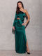 Roco Fashion Maxi Βραδινό Φόρεμα Σατέν με Σκίσιμο Πράσινο