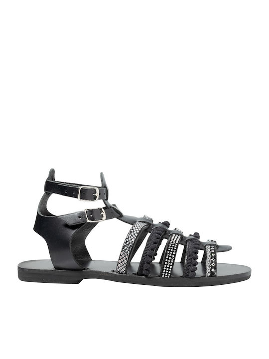 Leder Flache Sandalen für Damen Gladiator in Schwarz Farbe
