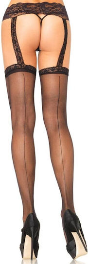 721766q Sheer Back Seam Garter Belt Stocking Plus Si Σετ Καλτσοδέτες Μαύρες