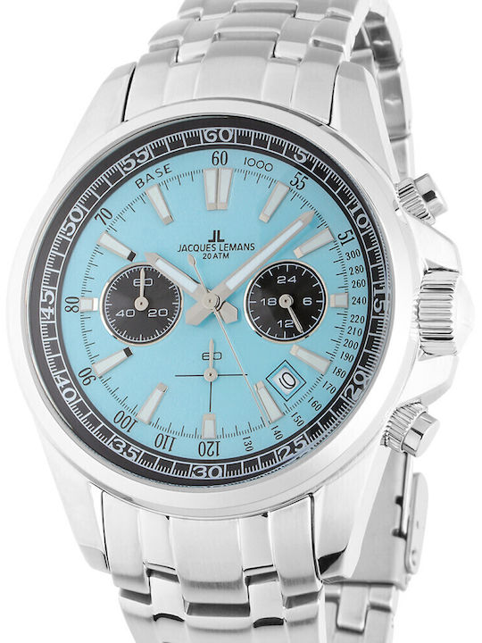 Jacques Lemans Liverpool Ανδρικό Ρολόι 44mm Χρονογράφος Μπαταρίας με Ασημί Μεταλλικό Μπρασελέ