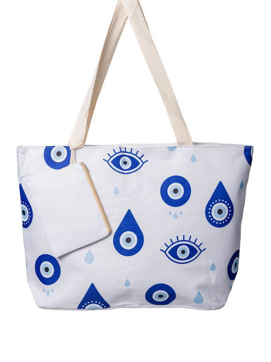 Strandtasche aus Segeltuch mit Geldbörse mit Muster Auge Weiß