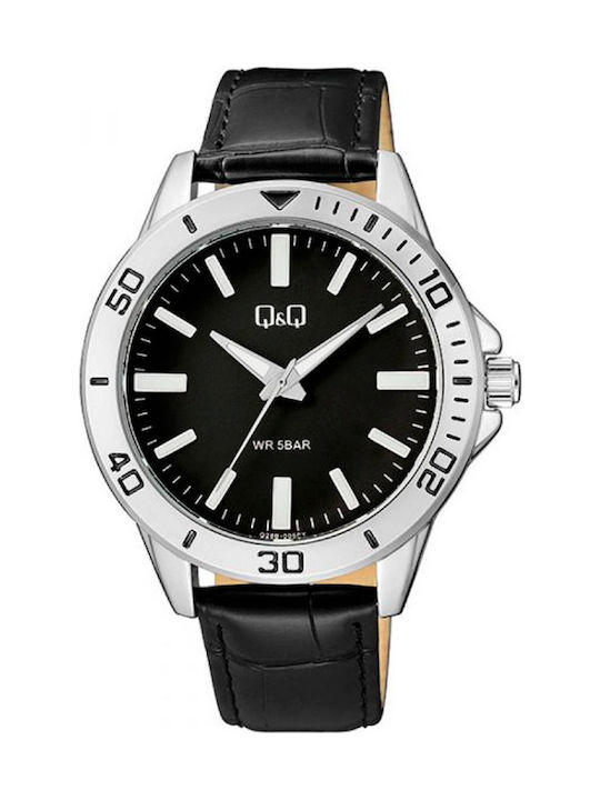 Q&Q Men's Watch Battery with Black Leather Strap