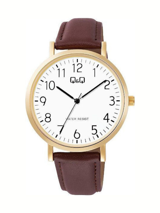 Q&Q Ανδρικό Ρολόι 40mm Μπαταρίας με Καφέ Δερμάτινο Λουράκι