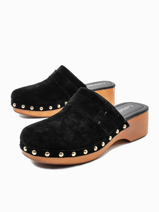 Leather Mules with Low Heel in Black Color