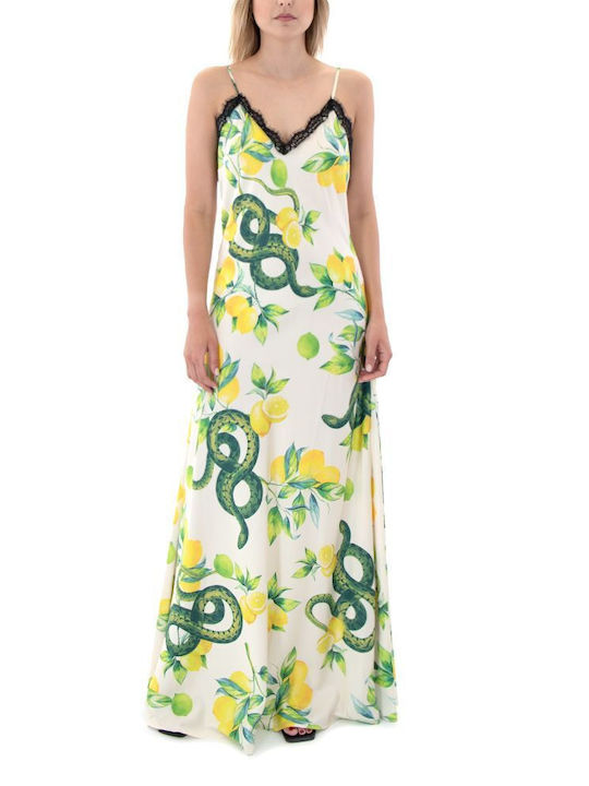 C. Manolo Dress Women Maxi Βραδινό Φόρεμα Σατέν Εκρου-κιτρινο-πρασινο