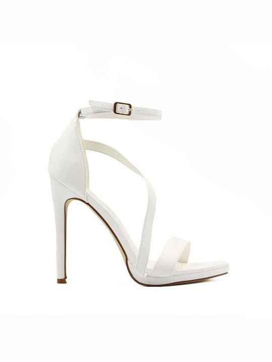 Diamantique Women's Sandals with Ankle Strap White with Thin High Heel