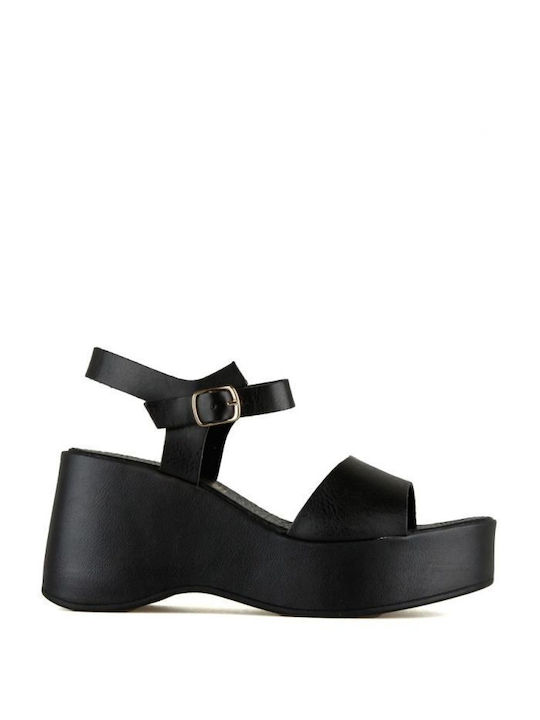 Step Shop Women's Leather Ankle Strap Platforms Black