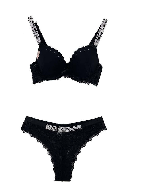 Topaki Dantelat Set de Lenjerie Sutien cu Alunecare Negru