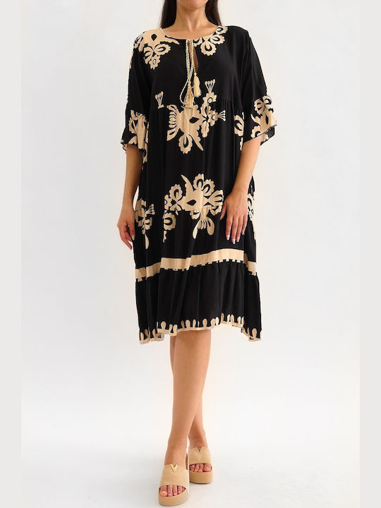 Sandy Black Embroidered Kaftan Dress with Ruffles
