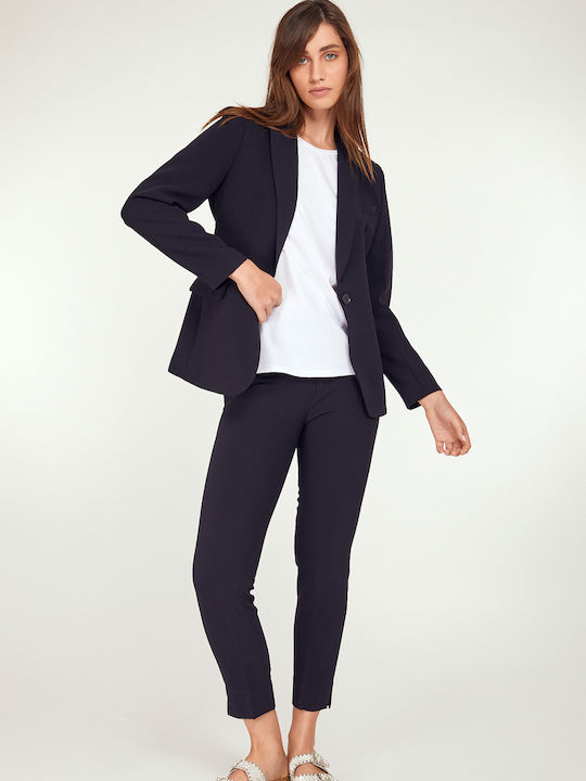 MyCesare Women's Fabric Trousers in Straight Line Navy Blue