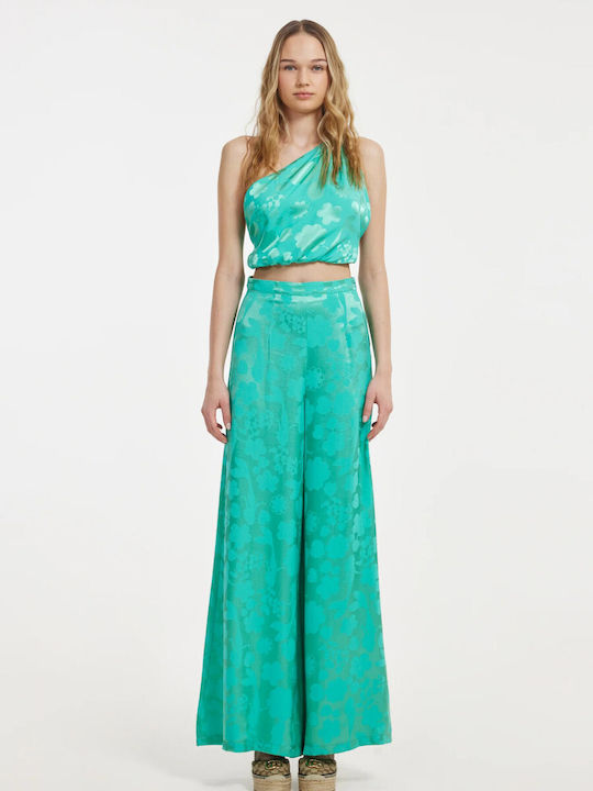 Hemithea Yvonne Women's High-waisted Satin Trousers in Wide Line Green