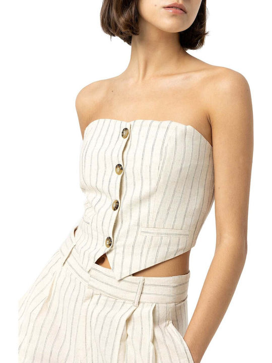 Tiffosi Women's Summer Blouse Linen Strapless Striped Beige