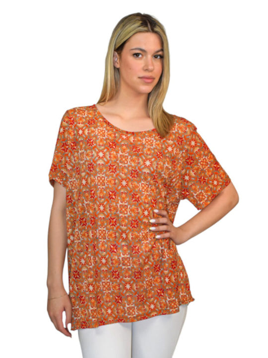 Morena Spain Damen Bluse Kurzärmelig Gestreift Orange