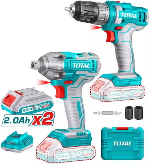 Total TOSLI230702 Set Mașină de găurit & Șurubelniță cu impact Brushless 20V cu 2 baterii 2Ah și husă
